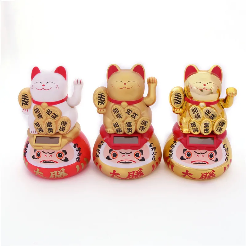 
Cute solar power Japanese Dharma Fortune Lucky Cat with Waving Arm 
