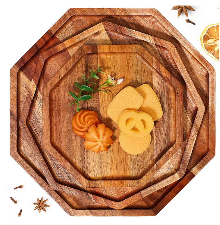 Acacia wood tray Bread fruit plate Solid wood octagonal plate suitable for salad pizza cupcakes