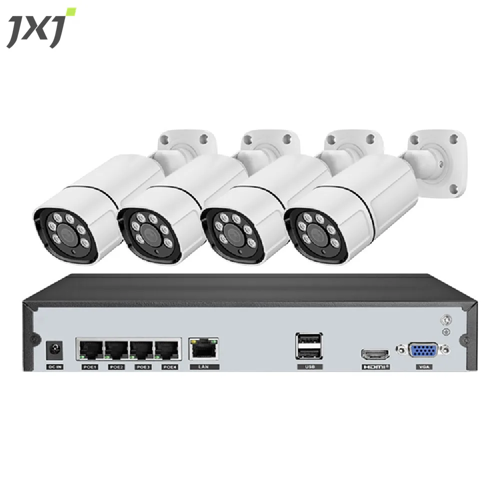 JXJ Manufacturer Outside Inside Waterproof 5MP HD 4CH Channels Smart Home Cctv 4 Bullet Camera Wall Outlets NVR Set Kit POE