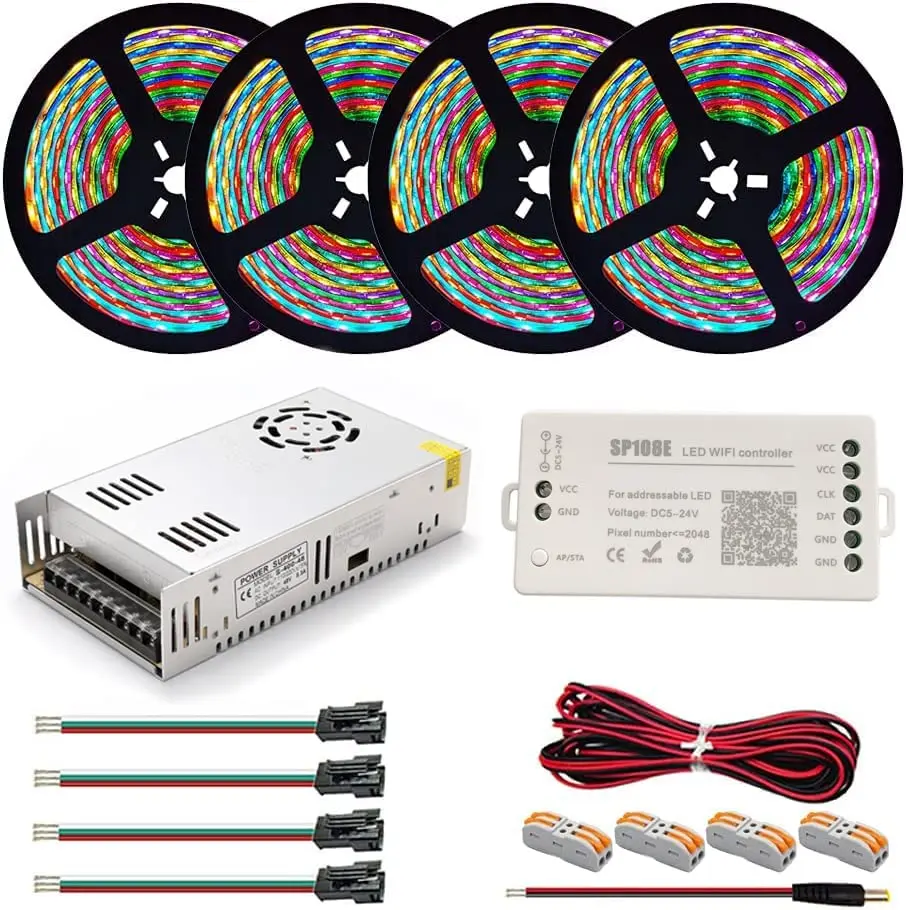 WS2812B WS2812 индивидуальное освещение светодиодная лента RGB комплект 20 м DC5V светодиодный трансформатор питания поддержка SP108E WiFi ControIIer (60