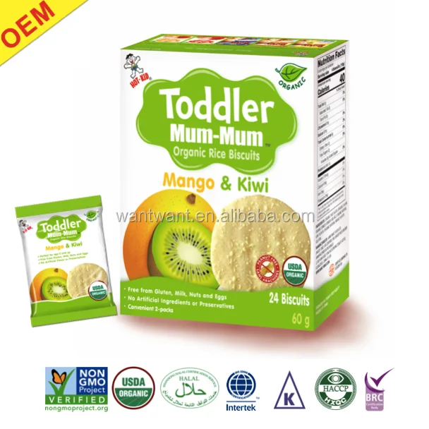 
Hot Kid OEM Organic Baby Food Toddler Rice Crackers Baby Grain Snacks Healthy Biscuits Halal Gluten Free Mango&Kiwi Flavor 