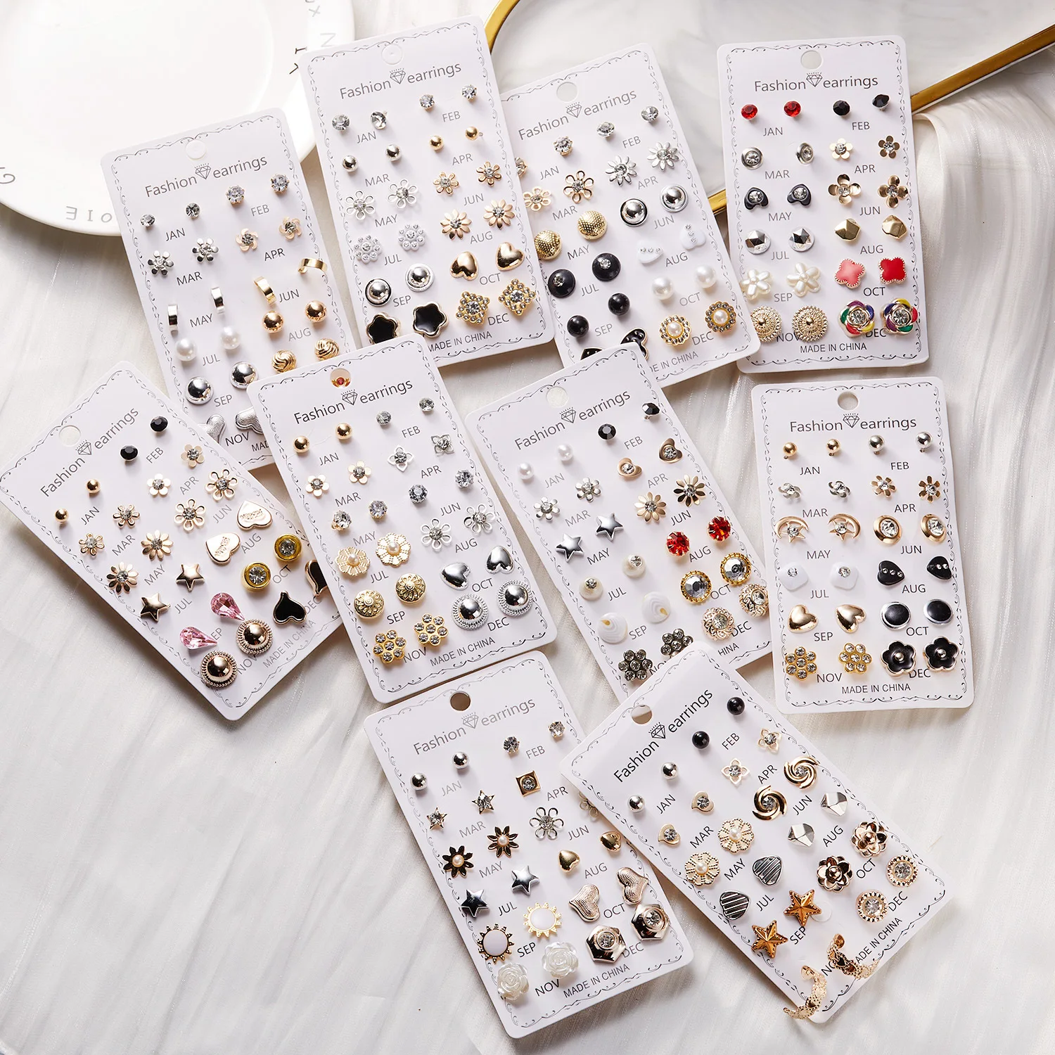 DAIHE 12 Pairs/Set Fashion Jewelry Geometric Crystal Gold Plated Rhinestone Earrings Studs For Women Girls