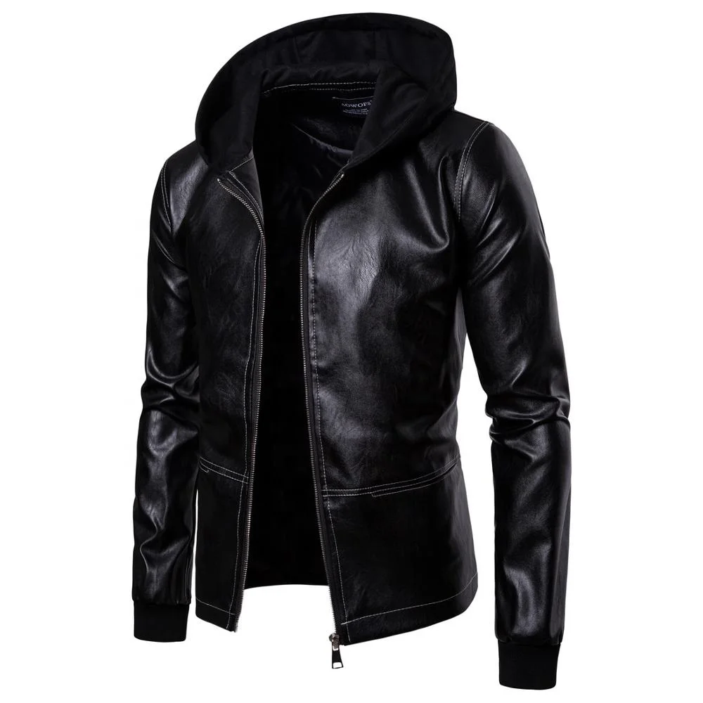 
Mans Winter Jacket Black Hooded CapLatest Rib Cuff Design Men Pu Leather Windproof Long Sleeve Black Jacket 