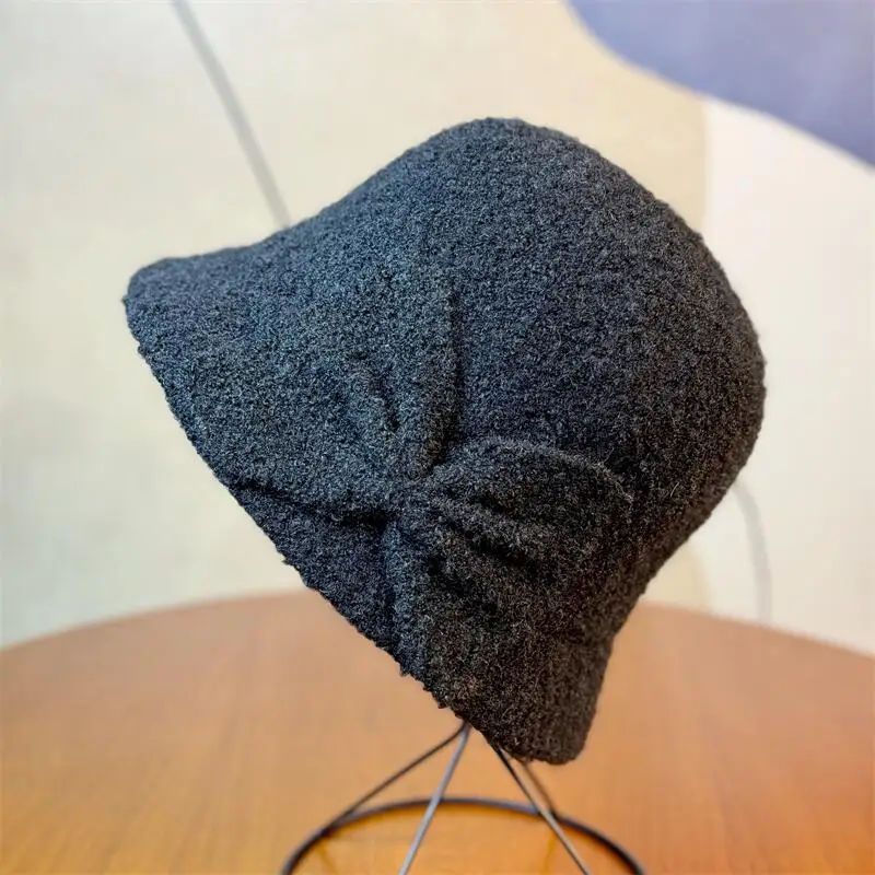 BESTELLA Custom Vintage Elegant Striped Fedora Beanies Adult Rolled Mother Winter Bucket Hats with Bowknot Lady Fleece Headwear