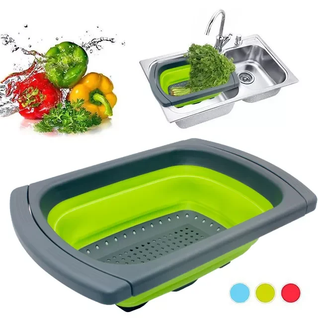 kitchen gadgets collapsible Expandable silicone colander with collapsible handle