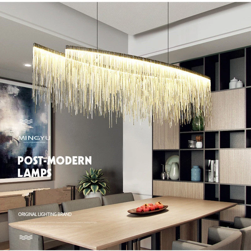 Modern design nordic modern wavy tassel aluminum silver metal chain hotel led linear chandelier pendant light