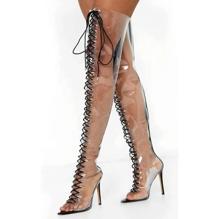 Fashion Transparent American Style  Lace Up Sexy Over Knee High Boots High Heel Women Party Shoes Customized Big Size 44