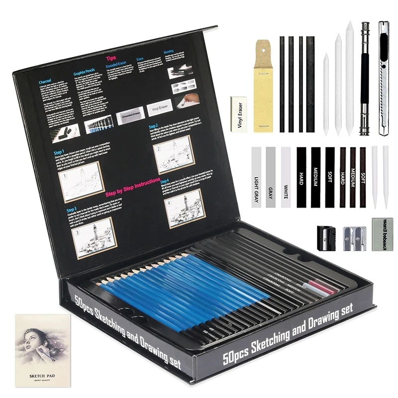 50pc Sketch Kit Drawing Kit Drawing Pencil Artist Drawing Gift Box Drawing Tools Professional Sketch Pencil Set Art Supplies