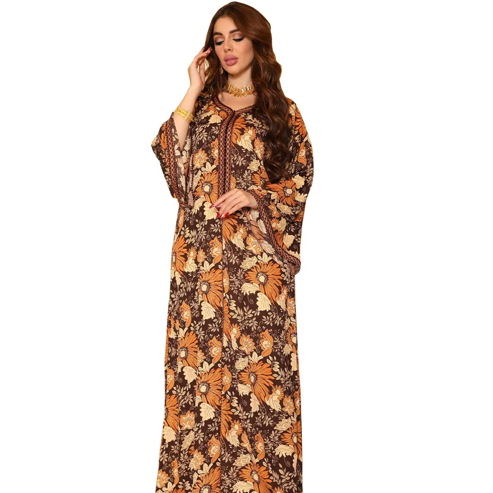 Middle East Eid Muslim Floral Print Jalabiya Arabian Abaya Maxi Dresses Dubai Long Sleeve Moroccan Caftan