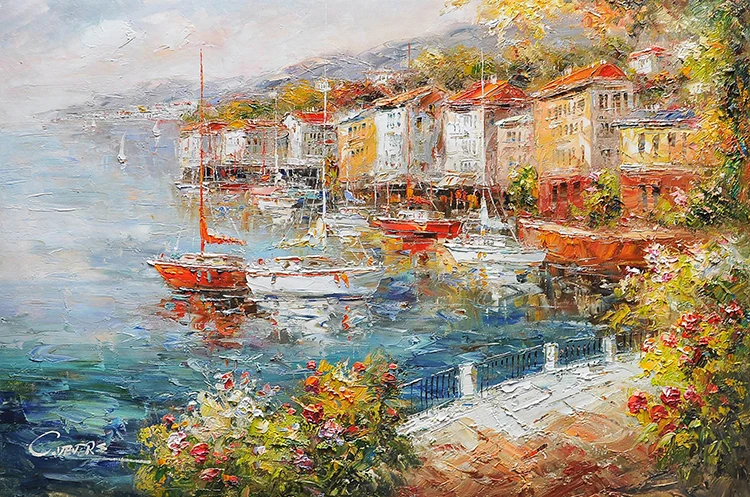 Hotselling Handpainted Palette Knife Mediterranean Seascape Painting with Boats