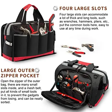 Waterproof Tool Bags for Men or Women 16-inch Wide Mouth Tool Tote Bag with 25 Pockets for Tool Organizer Storage