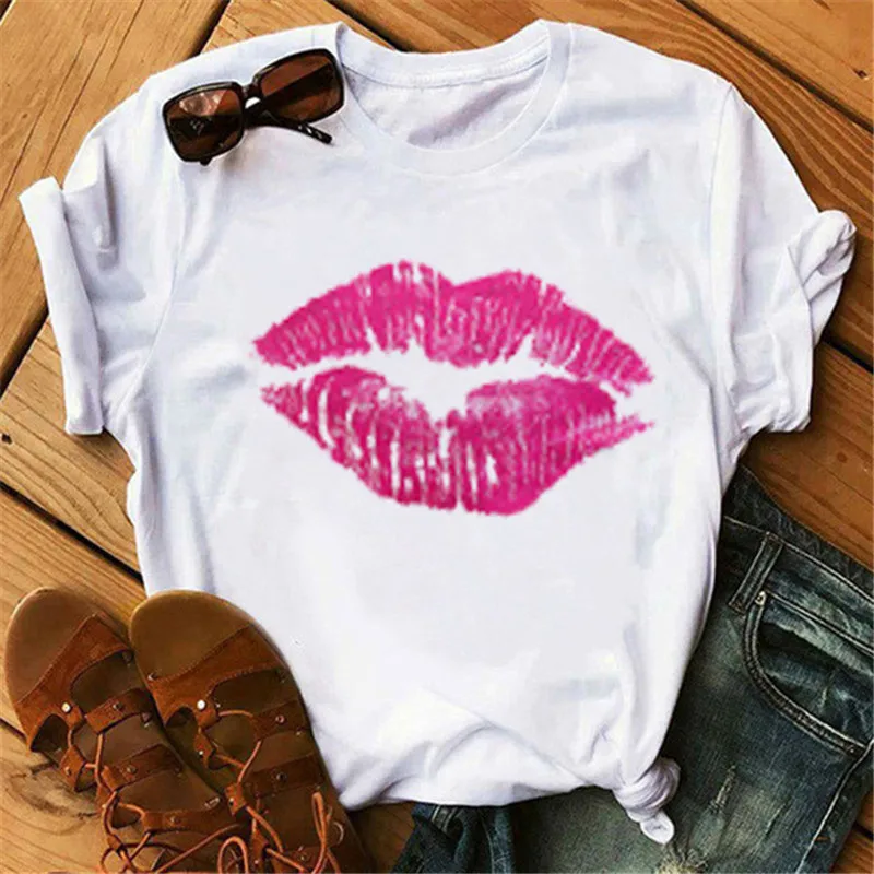  Женские топы футболки с принтом Red Mouth Lip Love базовая женская футболка круглым вырезом и коротким рукавом универсальная белая забавная для
