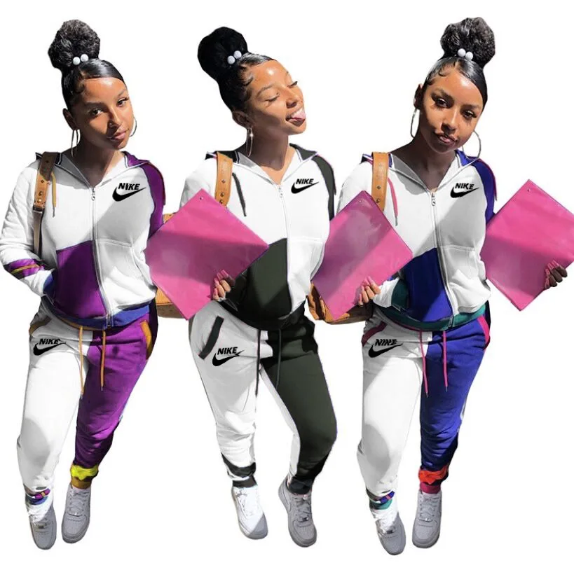 New Contrast Color Splice Outdoor Wear Nike Tracksuit Long Sleeve Fashion Women Design Sport 2 Piece Set Winter Hooded For Women