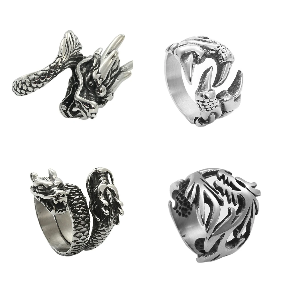 Feng Shui Pixiu Dragon Ring Vintage Silver for Women Men Engrave Cameo Wealth Good Luck Money Drawing Finger Ring