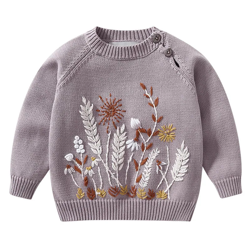 Custom Logo hand knit flower kids girls sweater handmade embroidery floral knit jumper children winter clothes baby sweater