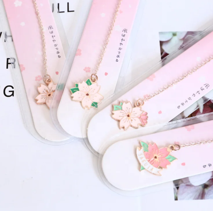 gold metal Bookmark with long chain Tassel Pendant, cute korean stationery fashionable flower Cherry blossoms charm bookmark