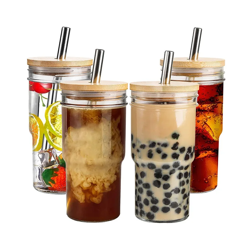 22 oz Reusable Boba Cup Wide Mouth Smoothie Cup Iced Coffee Glass Cups with Bamboo Lids and Straws