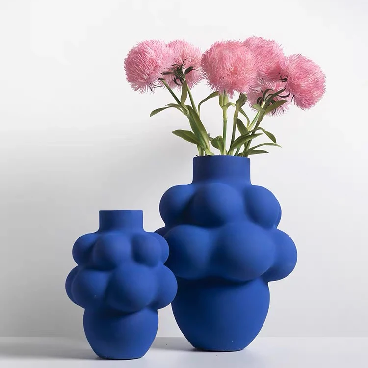 Unique modern design grapes shape aesthetic room home decoration accessories matt blue color tabletop ceramic flower vases
