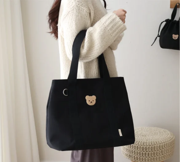 Mommy Bag Large Capacity Bear Grid Pattern Cute Baby Diaper Bag Canvas Portable Handbag Organizer