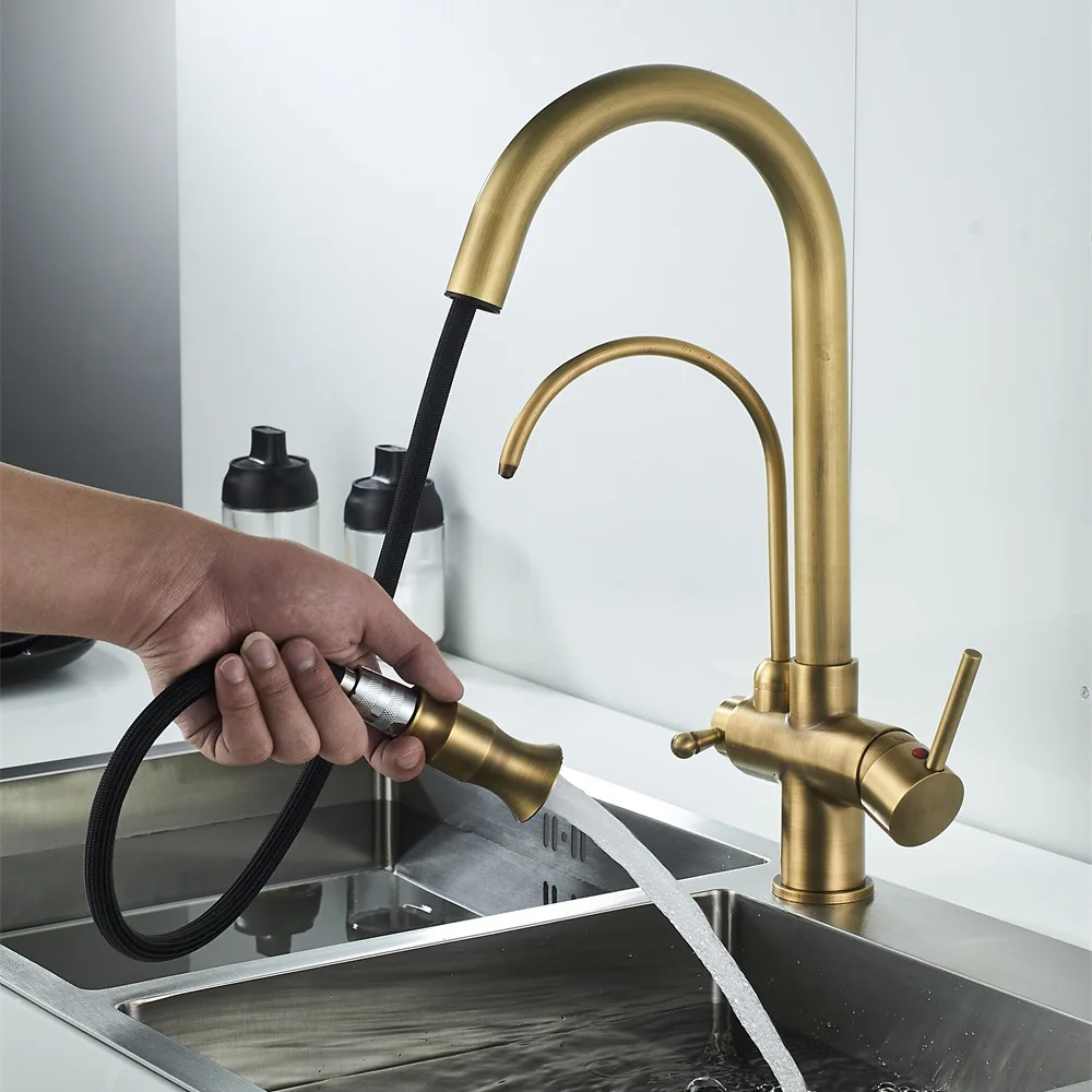 Antique Pull-Out Touch Free With Sensor Kitchen Faucet Hot And Cold Sink Full Copper Retractable Mixer Tap Retro XiRi-8871