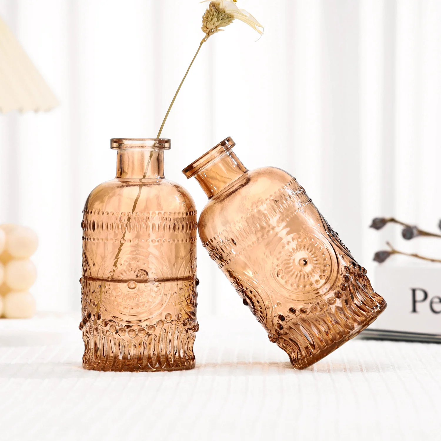 Mini Spanish Style Small Vintage Relief Retro Ribbed Stem Wedding Transparent Clear Glass Flower Hydroponics Floral Bud Vase