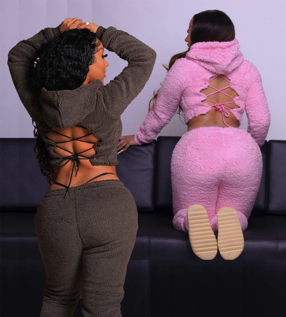 Wholesale 2 piece set women clothes Lace Up Long Sleeve Furry Hoodie Crop Top two piece set women winter clothing fall set 2021