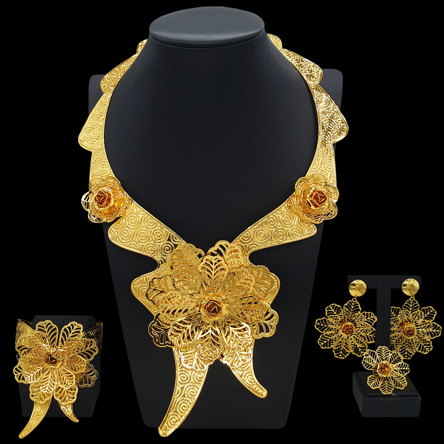 Zhuerrui hot selling new Italian jewelry set textured 18K gold-plated necklace flowers sweet romantic girl wedding 4-piece set
