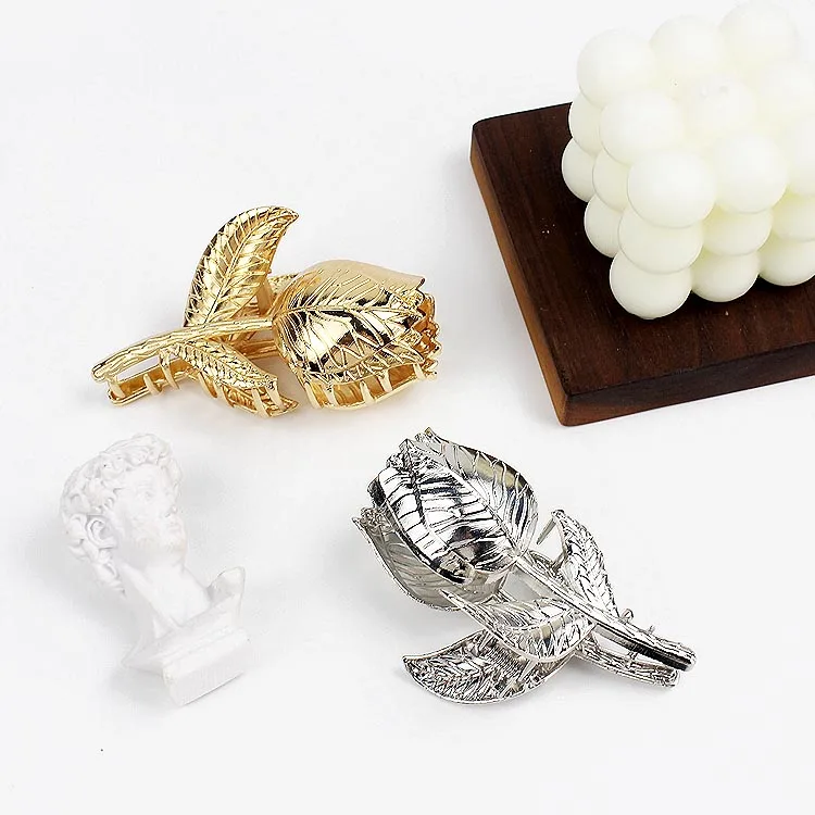 YIYI Wholesale Custom Hair Clip Personalized Rose Flower Claw Clips Metal Alloy Gold Platinum Large Hair Clamp For Women Girls