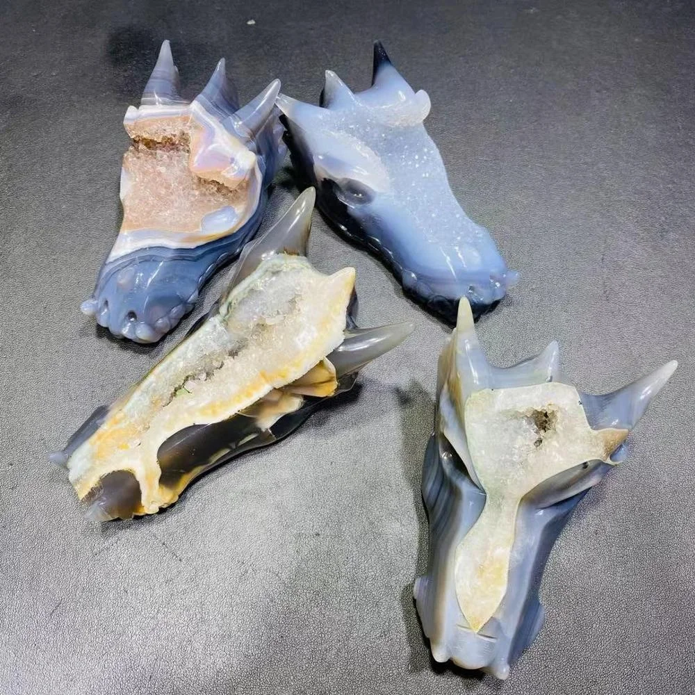 Wholesale Natural Carved Agate Geode Dragon Head Skulls Crystal Crafts Druzy Agate Dragon For Fengshui Decoration