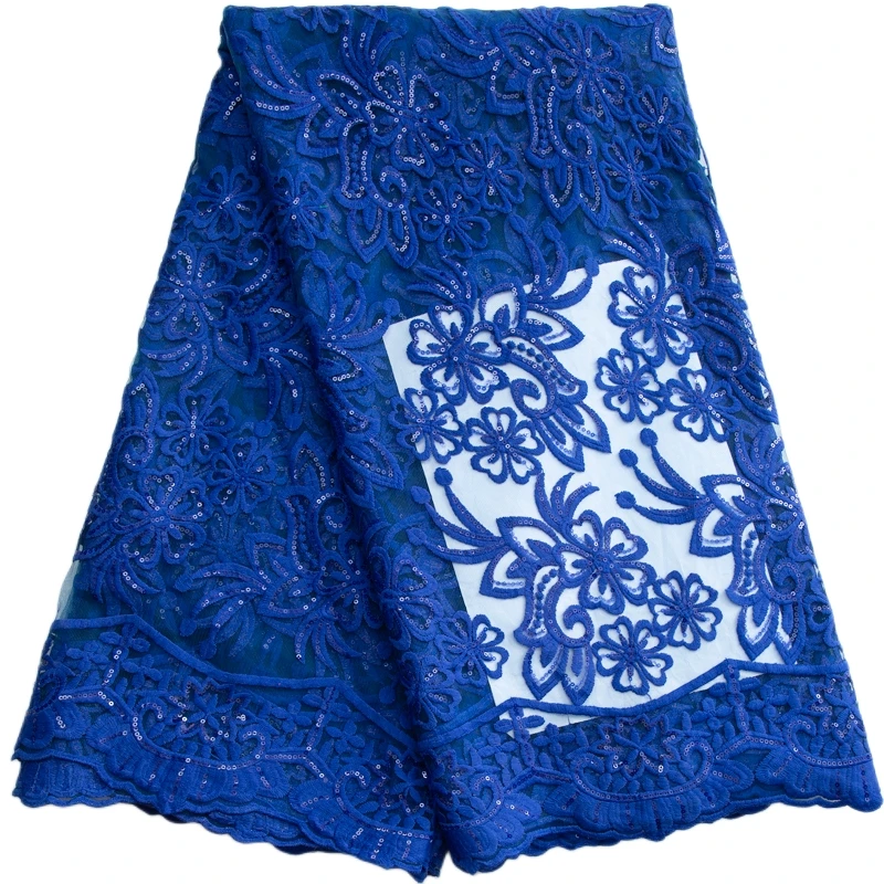 3366 Plain Cobalt Blue French Mesh Milk Silk Lace Fabric with Sequins Wholesale African Lace Fabric for Nigerian Women Dresses