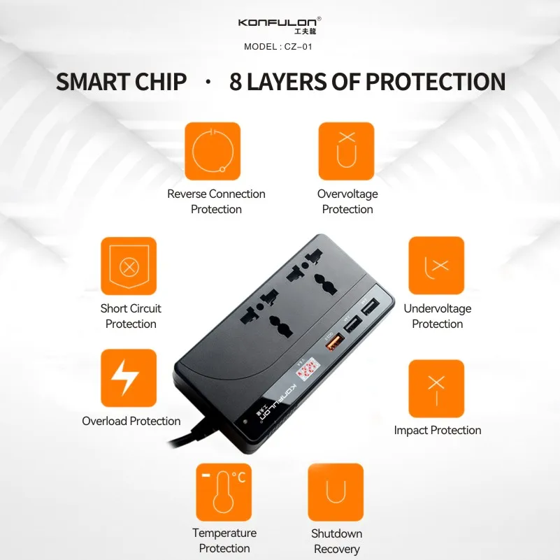 Konfulon 2024 Best Selling Car Inverter portable car inverter 200W Power Inverter 2 AC Outlets 3 USB Ports charger Adapter