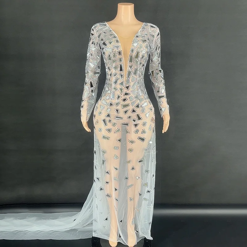 Customized Plus Size Singer stage show Sliver Sequin Mermaid Evening Dress Sexy High Slit Long Sleeve Party Mirror Dresses