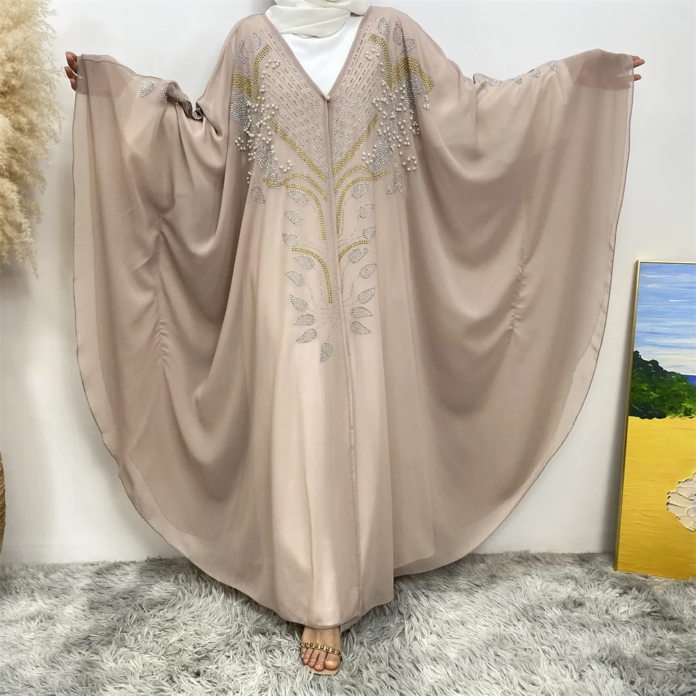 New Style Islamic Clothing Dubai Eid Modest Kimono Kaftan For Muslim Women Dress Bead Rhinestone Batwing Chiffon Open Abaya
