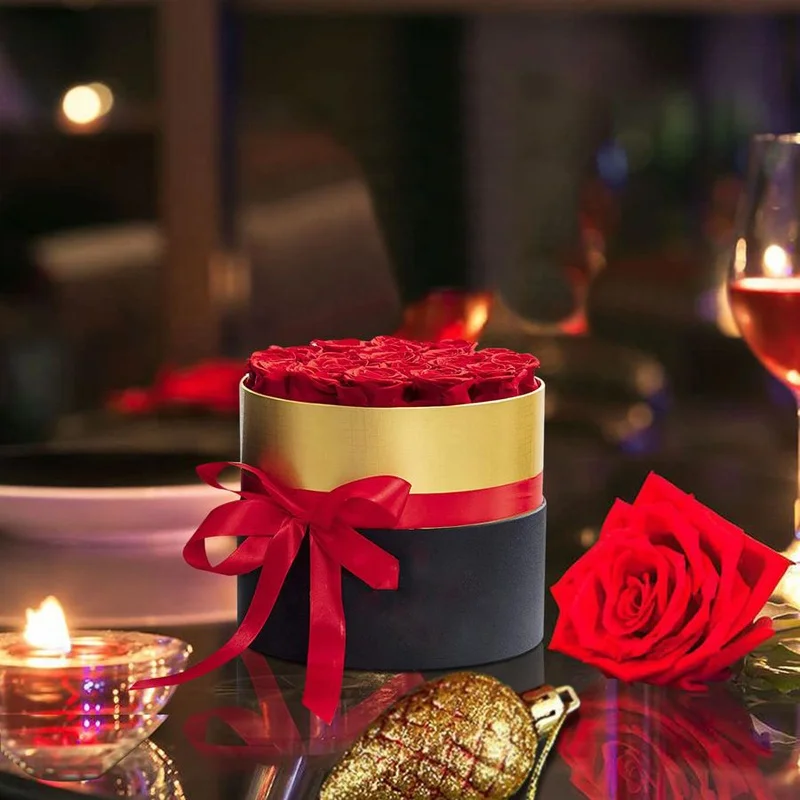 2022 New products ideas Wholesale fresh flowers Preserved Eternal Forever Stabilized rose in Round box with Gold paper for Decor