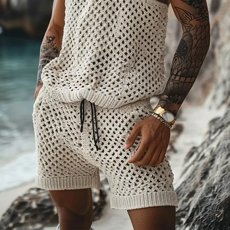 King Mcgreen star Hot selling men Short Sleeve O Neck Shirt And Shorts Suit Hollow Out Beach Tracksuit Men Two Piece Set