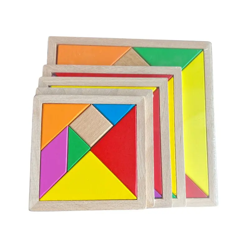 Interactive Learning Education Wooden Tangram Jigsaw Board Multicolour Wood Geometric Shape DIY Puzzle
