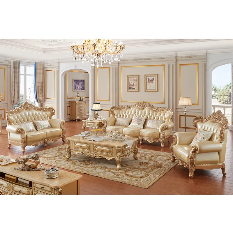 Custom European style royal luxury living room furniture set champagne gold sectional couch leather sofa