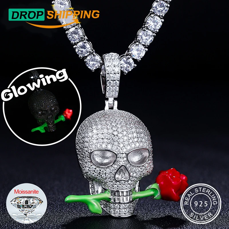 Dropshipping Gothic Jewelry 925 Sterling Silver VVS Moissanite Glow In The Dark Iced Out Rose Knight Pendant