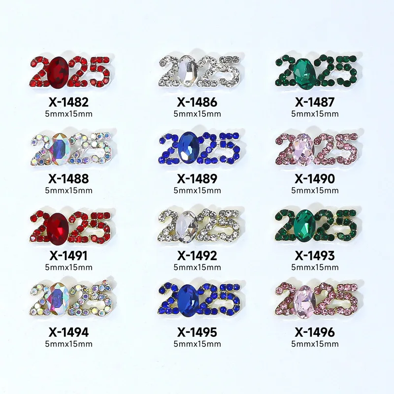 New Year of 2025 Shaped Nail Designer Charms Luxury Alloy Nail Number Design Crystal Rhinestones for Manicure Jewelry