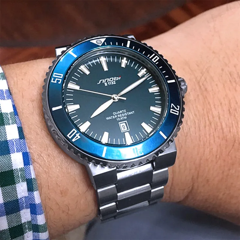 SINOBI Men Quartz Watch  Stainless Steel Watchband Luminous Pointer Analog Chronograph Calendar Wrist Watch Sports Men Watch