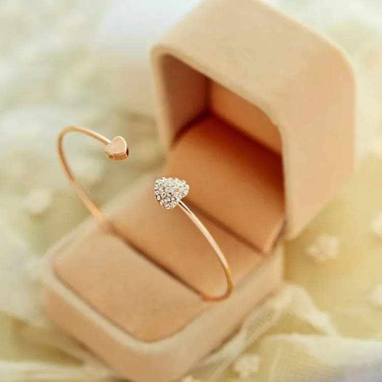 Wannee Fashion 18K Full Diamonds Open Adjustable Double Heart-Shape Stainless Steel Bracelet