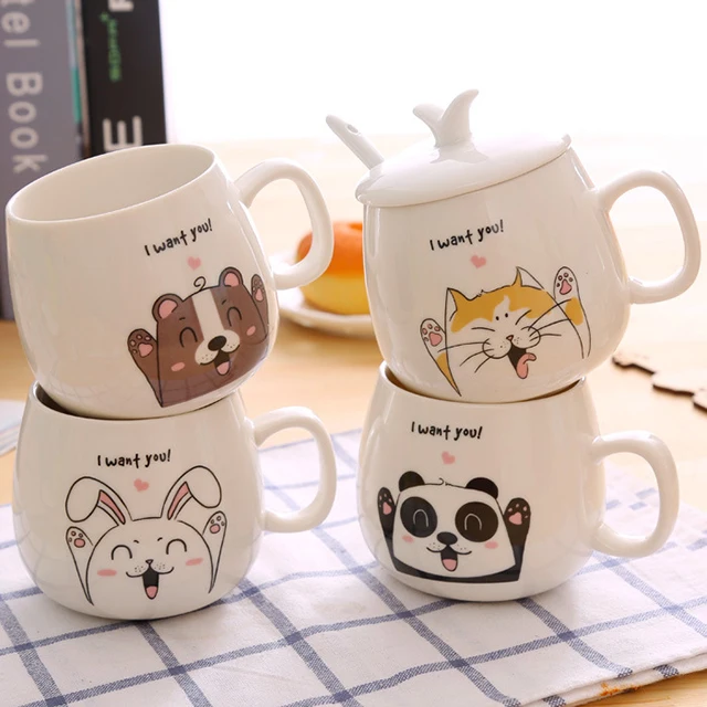 Lovely Ceramic Sublimation Cartoon Coffee Mug With Porcelain Lid Spoon for Milk Tea Juice
