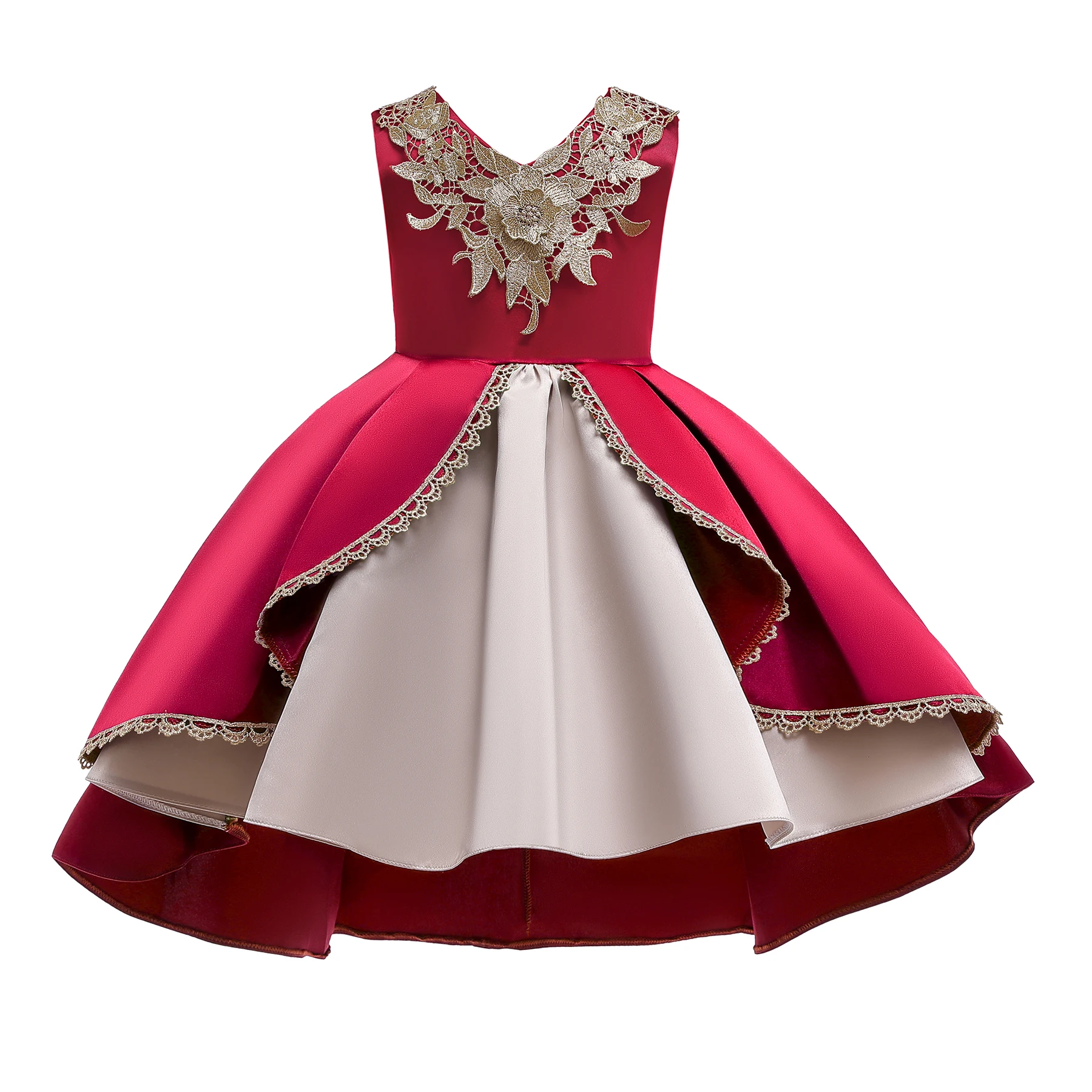 Best Seller Kids Fancy Flower Dress Children Satin Irregular Appliched Dresses For  3-10 Years Baby Party Girls Clothes 8018