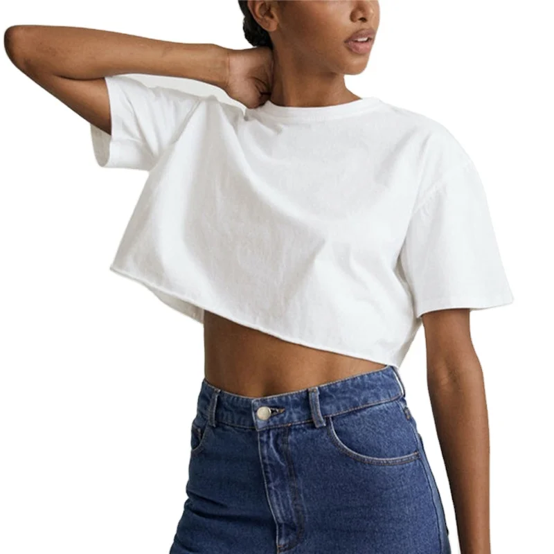 Wholesale Customized Logo Label DTG Print Crop Top Women T-shirt Short Sleeves Fashion Ladies Crop Tee Fitted Tight Top T shirt