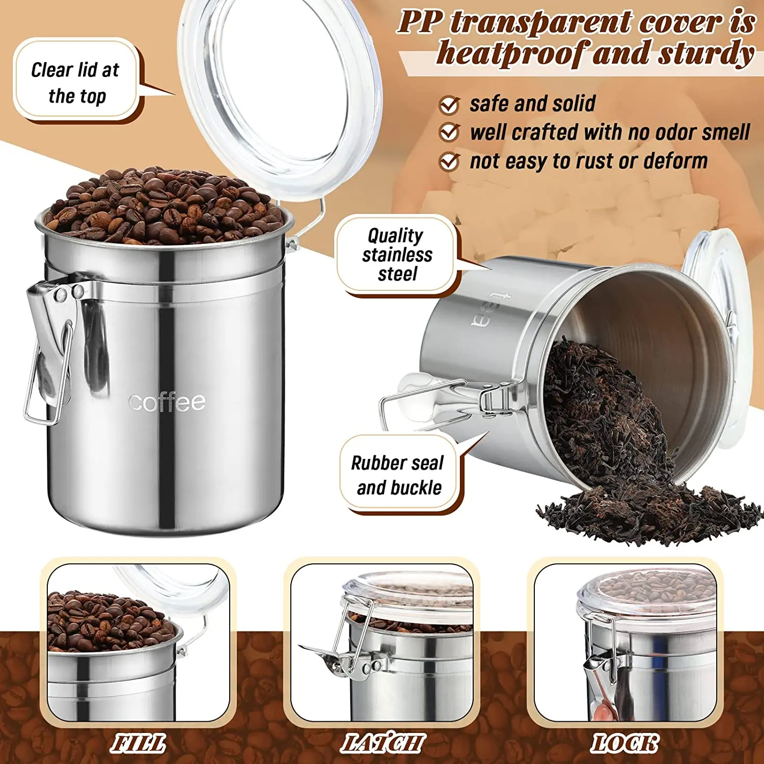 Dishwasher safe 5 Inch Stainless steel canister sets metal tea coffee sugar storage jars canisters