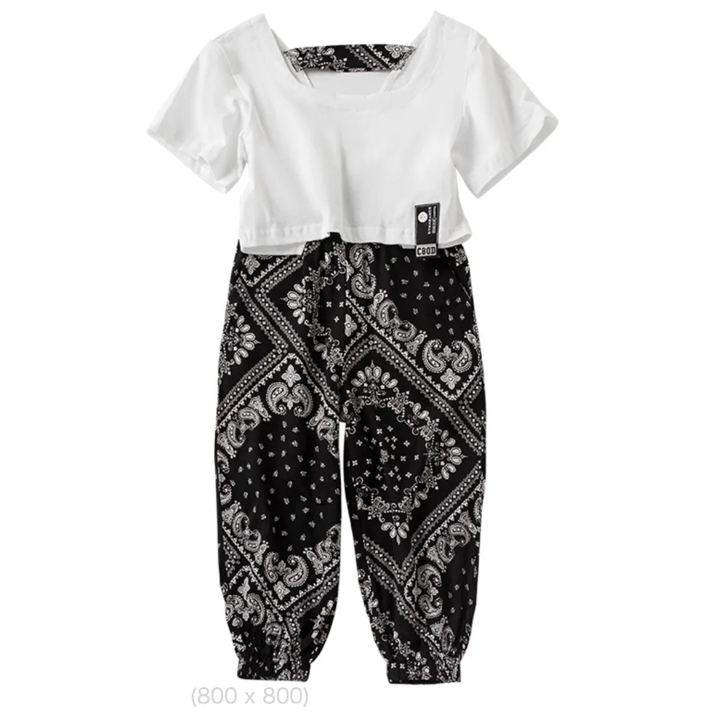 Hot Sale England & American Style Fashion Short White Tshirt +Bohemian Trousers  Summer Clothing 2-Piece Set