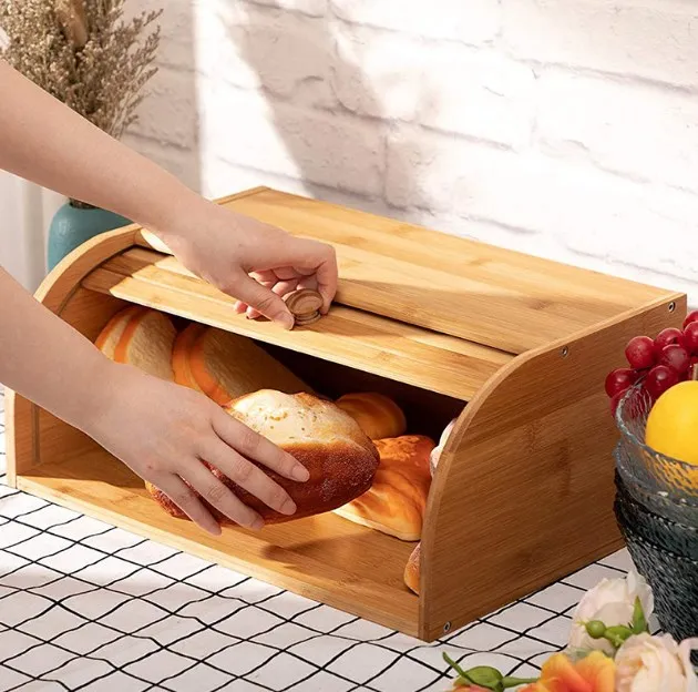 Large Capacity Bamboo Bread Box Roll Top and Removable Layer Food Storage Container Bamboo Storage Holder