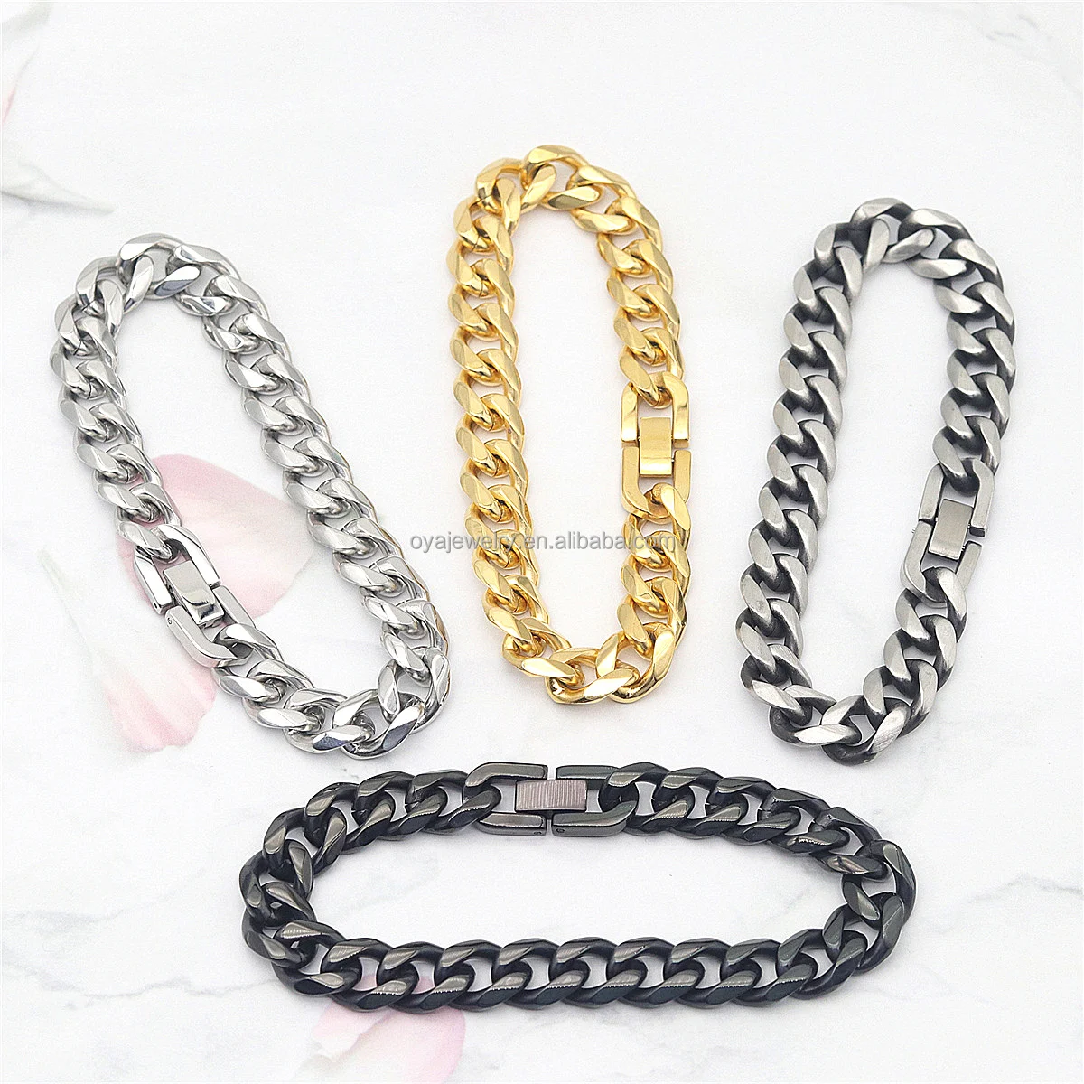 OYA Fashion Classic Jewelry Bracelet Vintage Silver Black Gold Plated Color Stainless Steel Miami Cuban Chain Bracelet Men