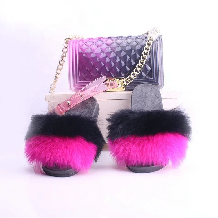 
New Women Fashionable Fluffy Fox Fur Sandals Slippers No Slip and Jelly Bag Set 