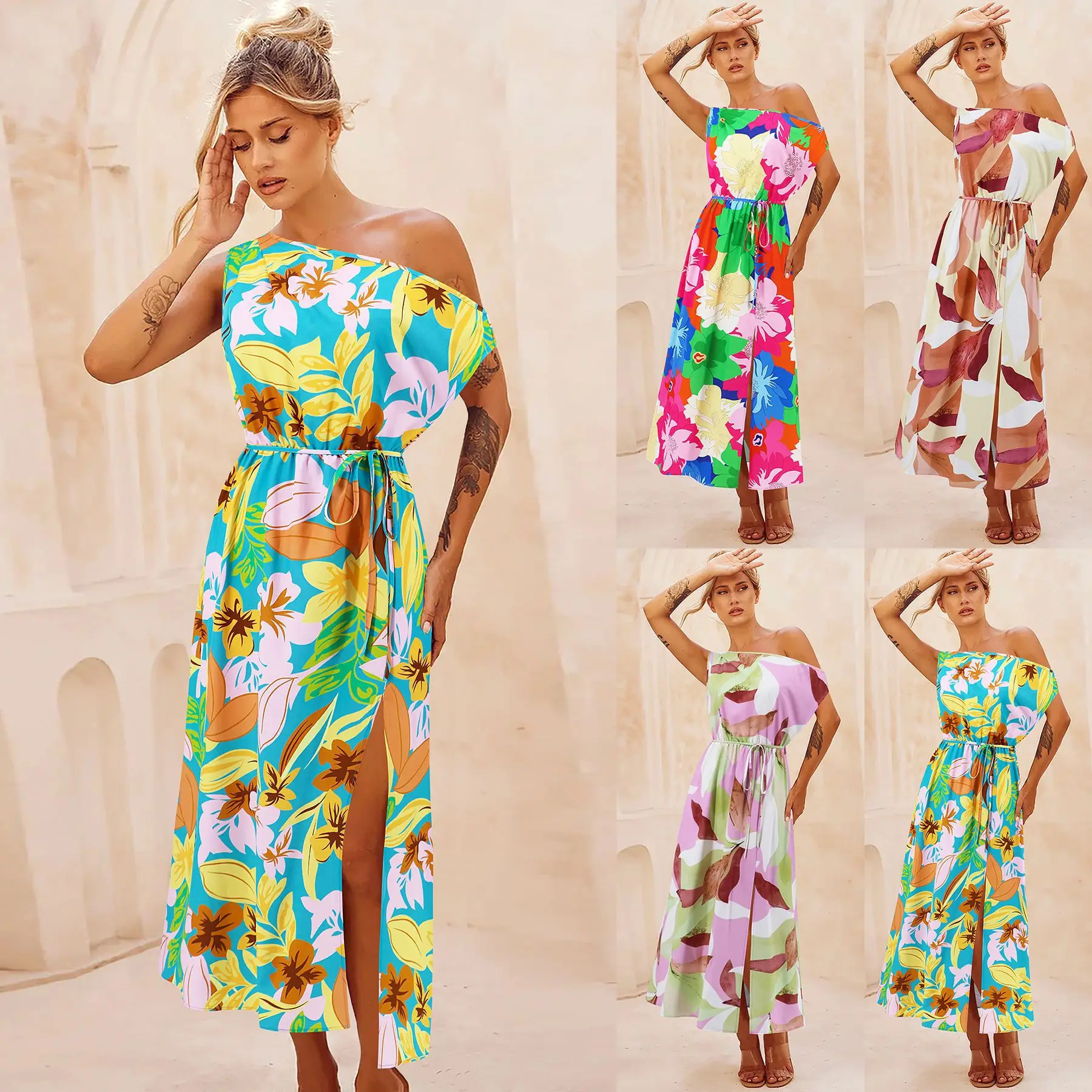 PRETTY-STEPS 2024 Elegant Slim Temperament Print New Chiffon Dress Slit Collar Empire Waistline Sash Decorations Spring Summer